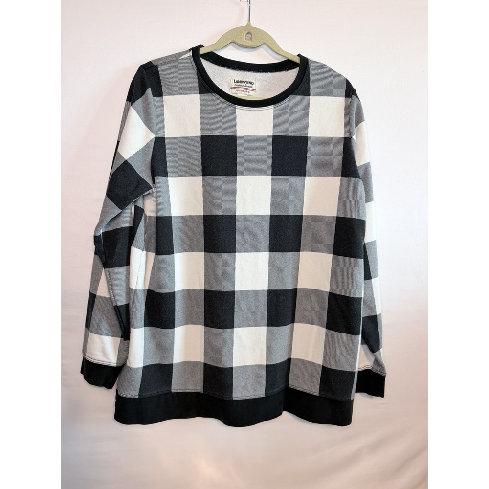Lands' End Ivory Black Buffalo Check Plaid Top Large Women's Sweatshirt
